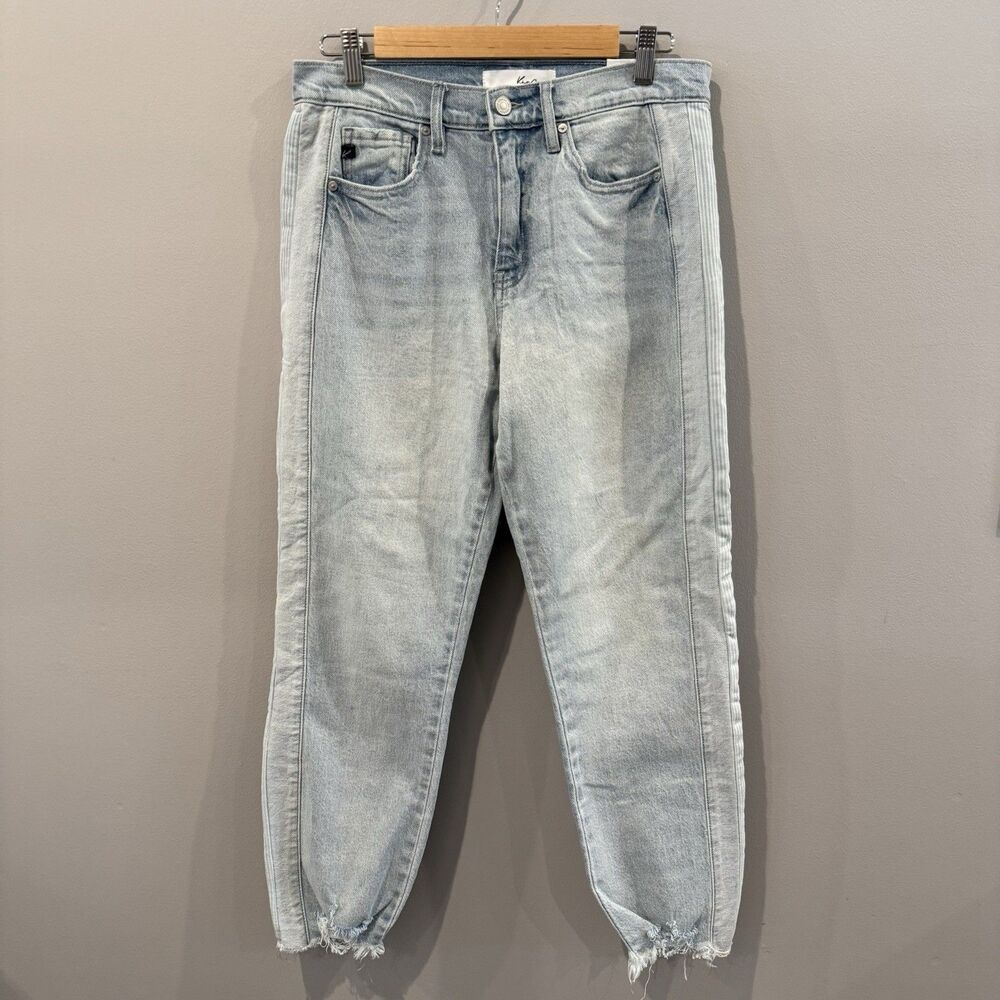 KanCan Straight Fit Jeans Womens 7/27 Denim Light Wash Raw Hem Stripe Side